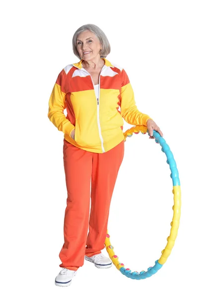 Senior Woman Posing Hoop White Background — Stock Photo, Image