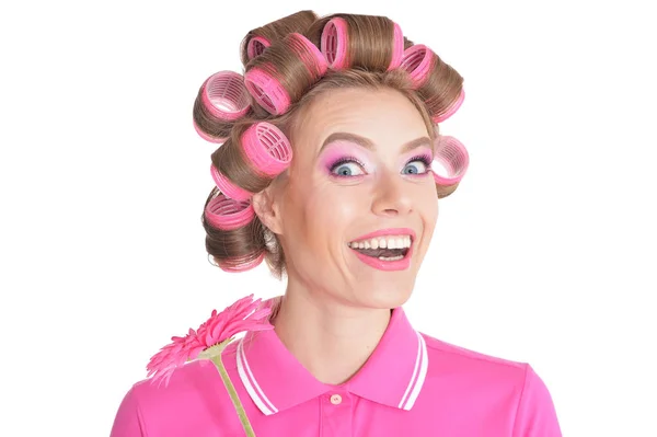 Retrato Mujer Hermosa Con Rizadores Pelo — Foto de Stock