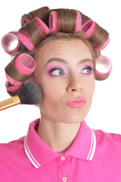 Portrait Beautiful Woman Hair Curlers Applying Make — Stock Photo, Image