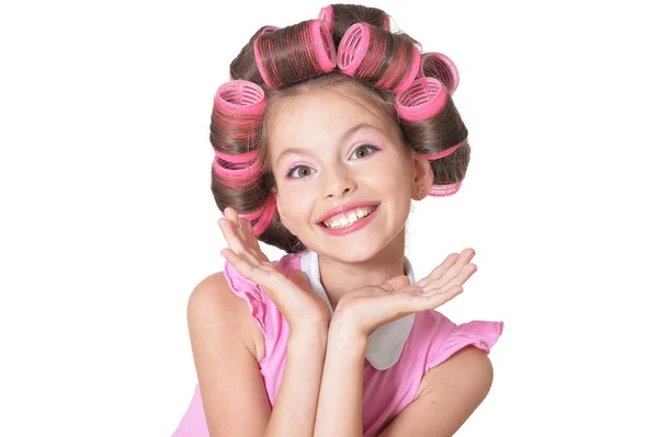 Retrato Niña Bonita Con Rizadores Pelo Posando Aislado Sobre Fondo —  Fotos de Stock