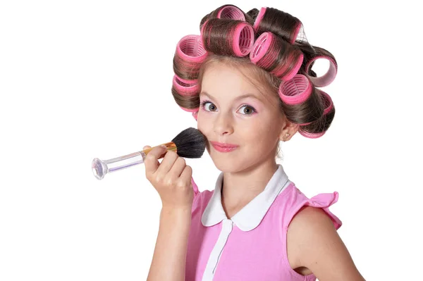 Portrét Malé Hezké Dívky Štětcem Vlasy Izolované Bílém Pozadí — Stock fotografie
