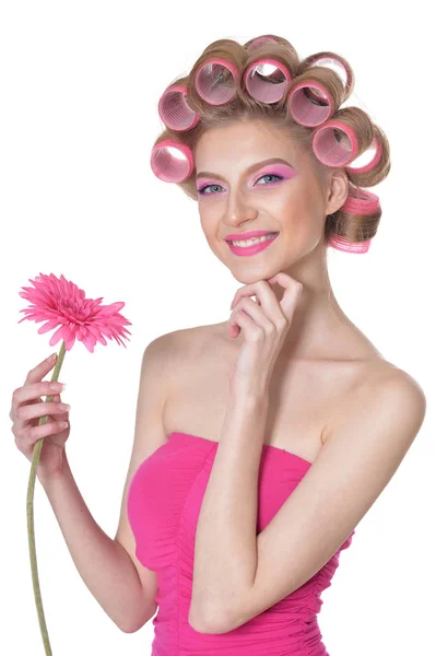 Retrato Mulher Bonita Com Encrespadores Cabelo Segurando Flor Isolada Branco — Fotografia de Stock