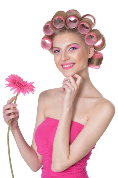 Portret Van Mooie Vrouw Met Haar Krulspelden Holding Bloem Geïsoleerd — Stockfoto