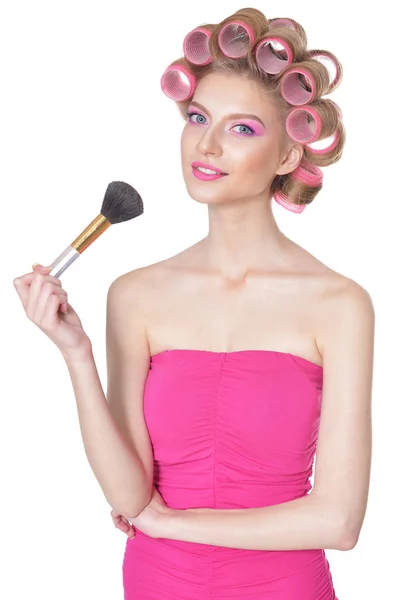 Retrato Mulher Bonita Com Maquiagem Escova Isolada Branco — Fotografia de Stock