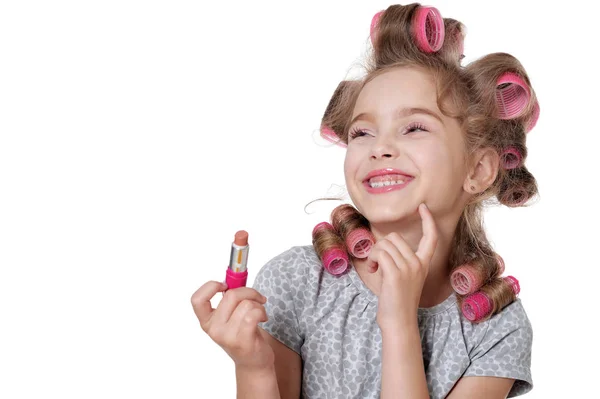 Portrait Little Pretty Girl Hair Curlers Lipstick Isolated White Background — Stock Photo, Image
