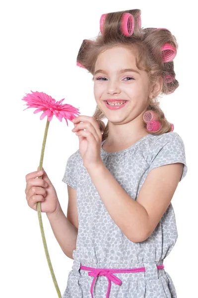 Retrato Niña Bonita Con Rizadores Pelo Posando Con Flor Aislada —  Fotos de Stock