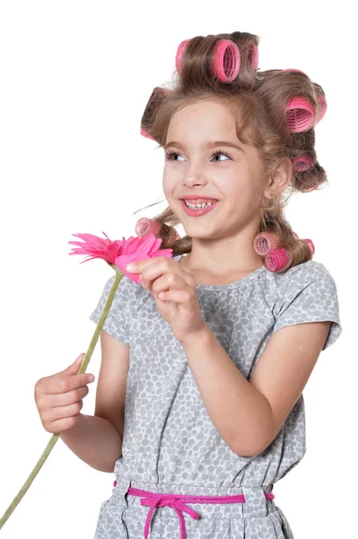 Retrato Niña Bonita Con Rizadores Pelo Posando Con Flor Aislada —  Fotos de Stock