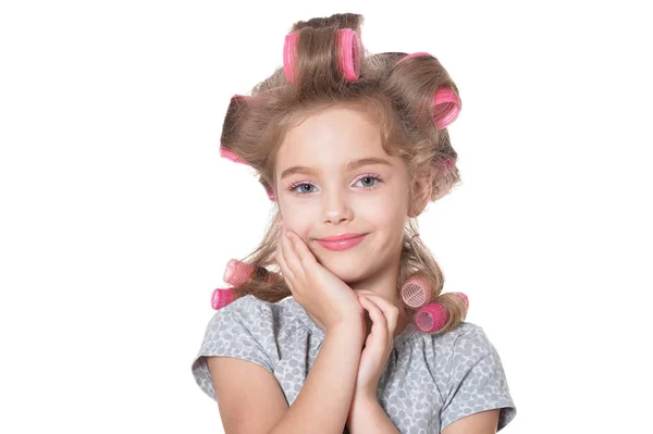 Portret Emocjonalne Mała Dziewczynka Ładna Lokówki Pozowanie Izolowana Białym Tle — Zdjęcie stockowe