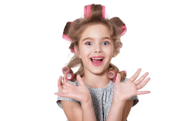 Portrait Emotional Little Pretty Girl Hair Curlers Posing Isolated White — Stock Photo, Image