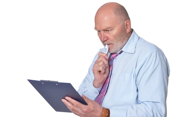 Portrait Elderly Businessman Clipboard Isolated White Background — Stock Photo, Image