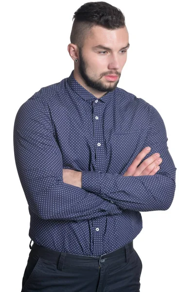 Portret Van Knappe Man Een Casual Stijl Poseren Witte Achtergrond — Stockfoto