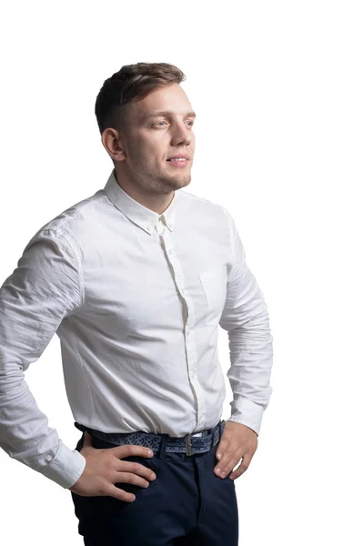 Porträtt Vacker Leende Ung Man Klädd Vit Skjorta Isolerad Vit — Stockfoto
