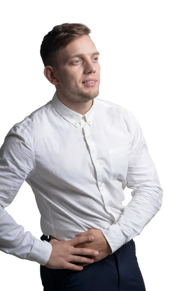 Retrato Joven Guapo Sonriente Con Camisa Blanca Aislada Sobre Fondo —  Fotos de Stock