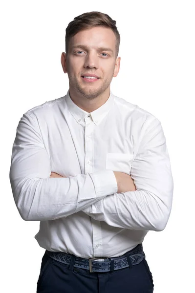 Portrait Handsome Young Man Wearing White Shirt Isolated White Background — Stock Photo, Image