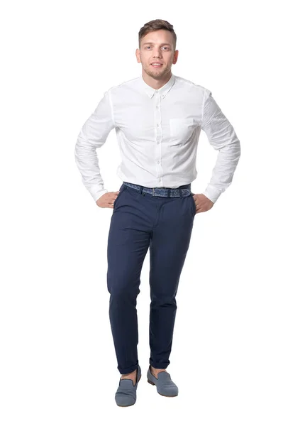 Porträtt Stilig Ung Man Klädd Vit Skjorta Isolerad Vit Bakgrund — Stockfoto