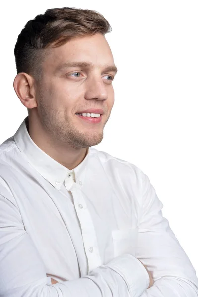 Retrato Joven Guapo Con Camisa Blanca Aislada Sobre Fondo Blanco —  Fotos de Stock