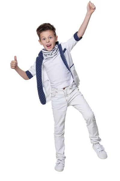 Cute Boy Stwarzające Białym Tle — Zdjęcie stockowe