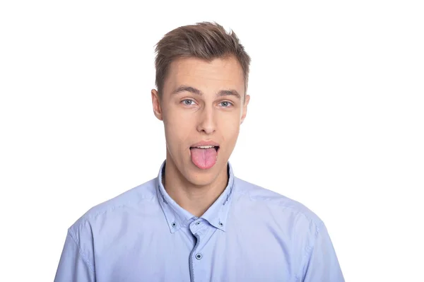 Portrait Handsome Man Showing Tongue White Background — Stock Photo, Image