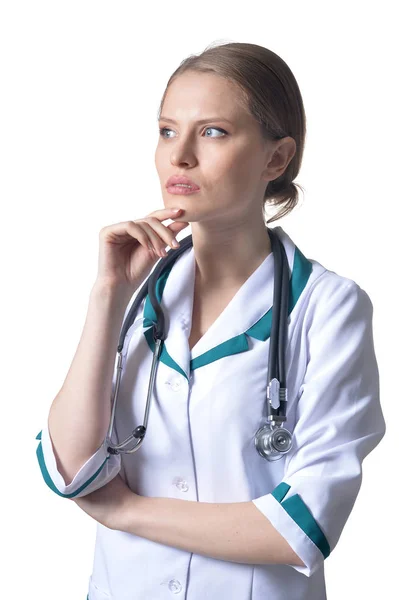 Retrato Pensamento Feminino Médico Posando Branco — Fotografia de Stock