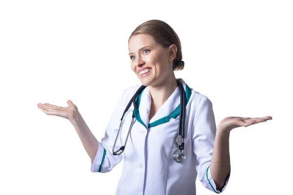 Portrait Female Surprised Doctor Posing White — Stock Photo, Image