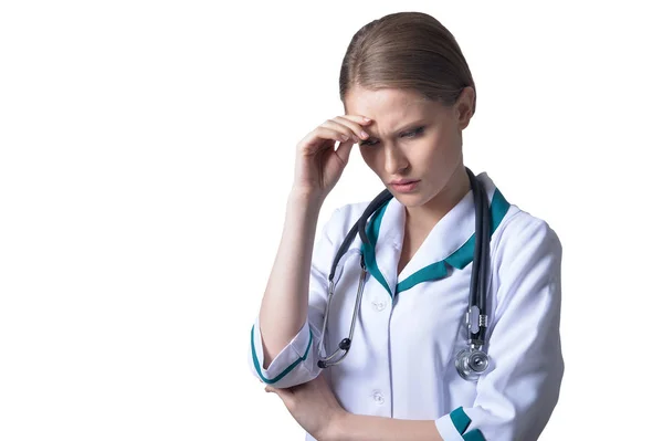 Portrait Female Sad Doctor Posing White — Stock Photo, Image