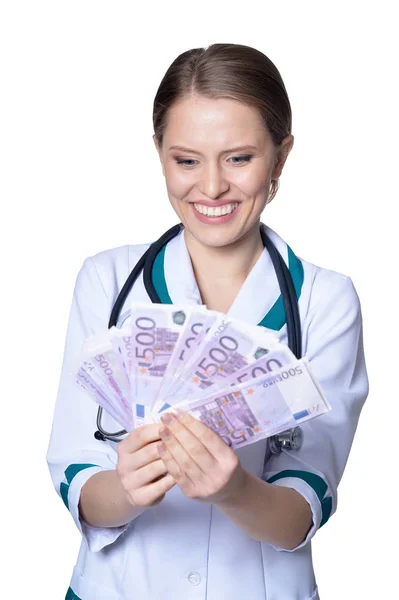 Retrato Médico Feminino Segurando Dinheiro Isolado Fundo Branco — Fotografia de Stock