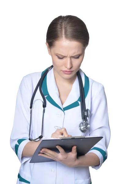 Retrato Médico Feminino Sobre Fundo Branco — Fotografia de Stock