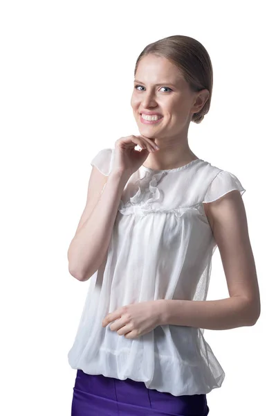 Portrait Belle Jeune Femme Posant Isolée Sur Fond Blanc — Photo