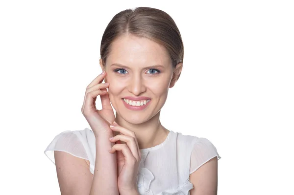 Portrait Belle Jeune Femme Posant Isolée Sur Fond Blanc — Photo