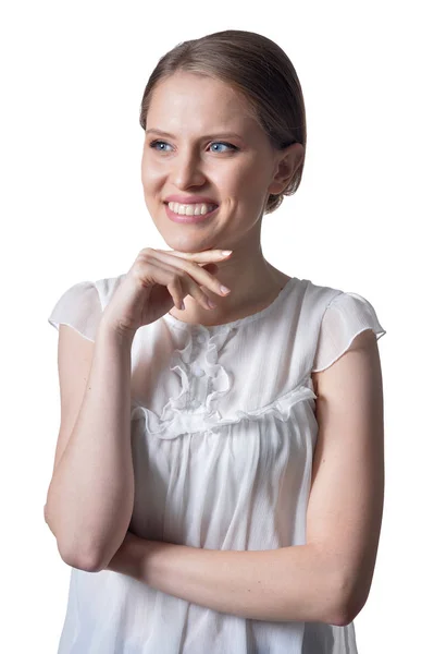 Portret Van Mooie Jonge Vrouw Poseren Geïsoleerd Witte Achtergrond — Stockfoto