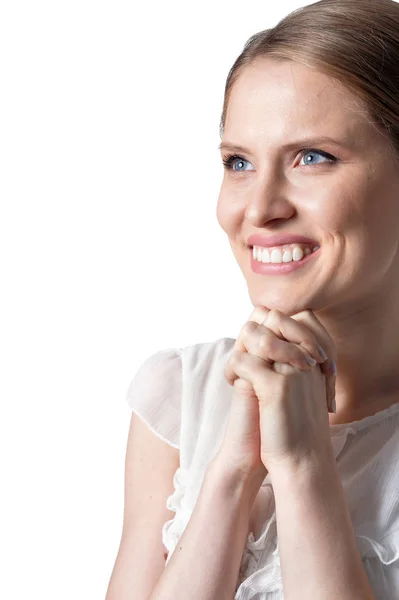 Portret Van Mooie Jonge Vrouw Poseren Geïsoleerd Witte Achtergrond — Stockfoto