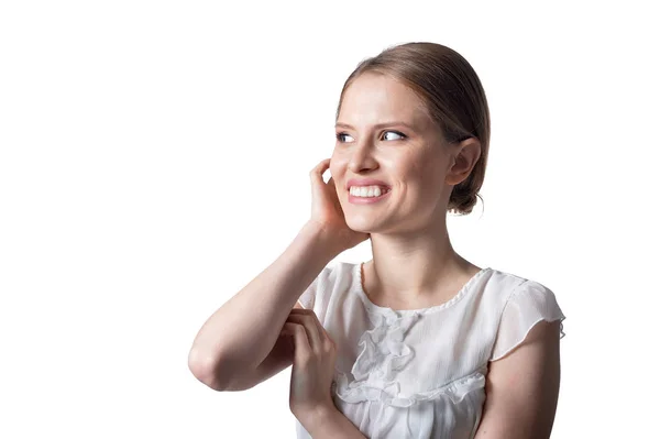 Portret Van Mooie Jonge Vrouw Poseren Geïsoleerd Witte Achtergrond — Stockfoto