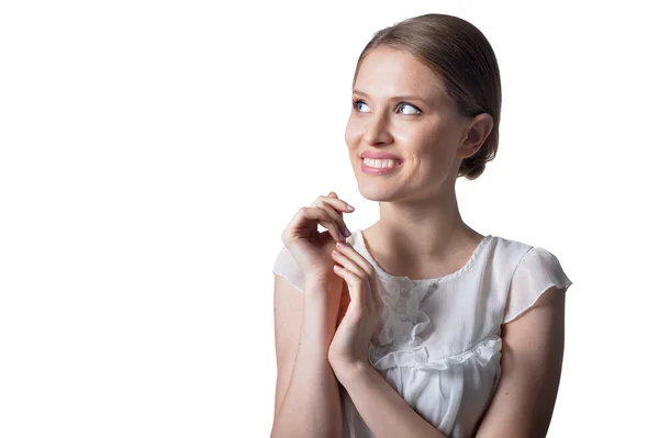 Portret Van Mooie Jonge Vrouw Poseren Geïsoleerd Witte Achtergrond — Stockfoto