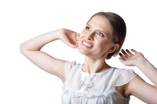 Portret Van Mooie Jonge Vrouw Poseren Geïsoleerd Witte Achtergrond — Stockfoto