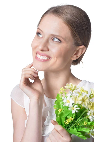 Portrait Beautiful Young Woman Flowers Posing Isolated White Background — Stock Photo, Image