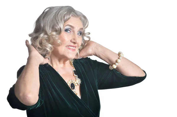 Lachende Senior Vrouw Poseren Geïsoleerd Witte Achtergrond — Stockfoto