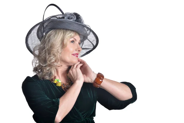 Senior Femme Portant Chapeau Noir Isolé Sur Fond Blanc — Photo