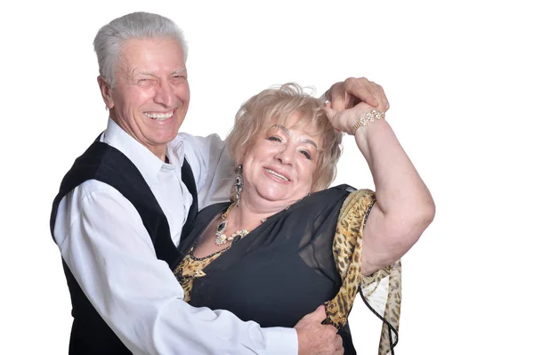 Portret Van Happy Senior Paar Dansen Witte Achtergrond — Stockfoto