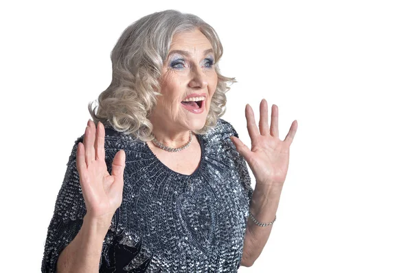Emotionele Senior Vrouw Poseren Geïsoleerd Witte Achtergrond — Stockfoto