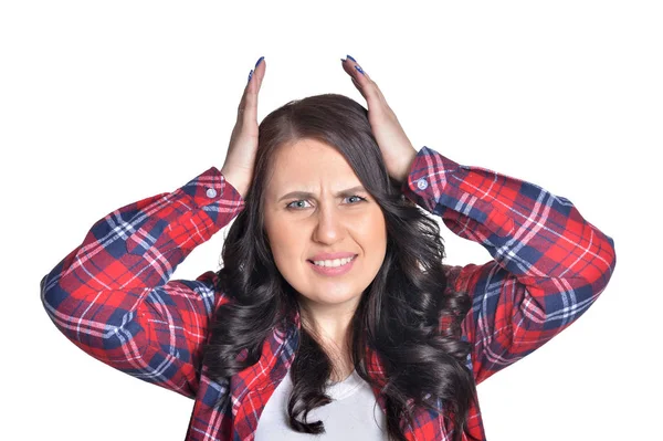 Retrato Mujer Hermosa Con Dolor Cabeza Aislado Blanco —  Fotos de Stock