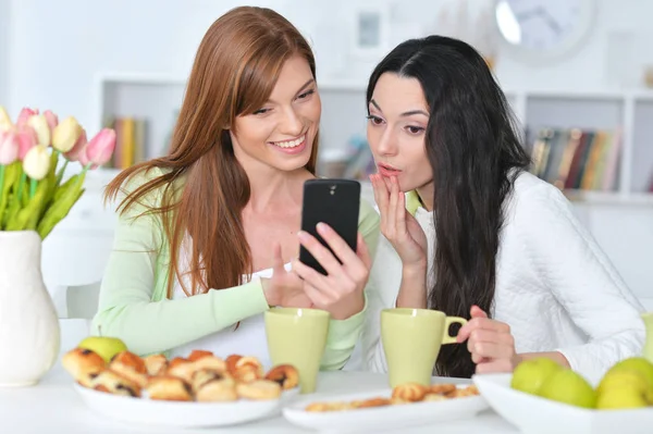 Twee Vrouwelijke Vrienden Met Moderne Smartphone — Stockfoto