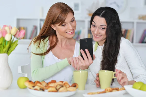 Twee Vrouwelijke Vrienden Met Moderne Smartphone — Stockfoto