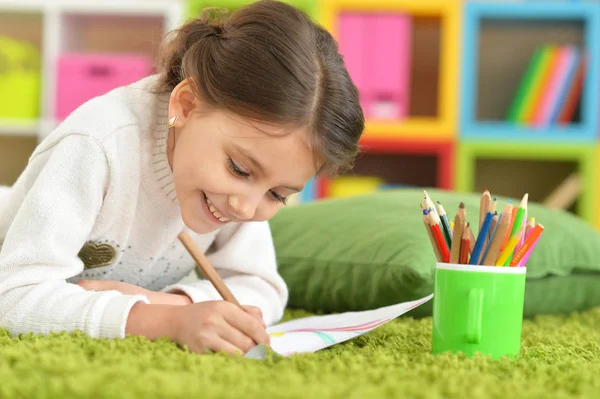 Carino Sorridente Ragazza Disegno Casa — Foto Stock