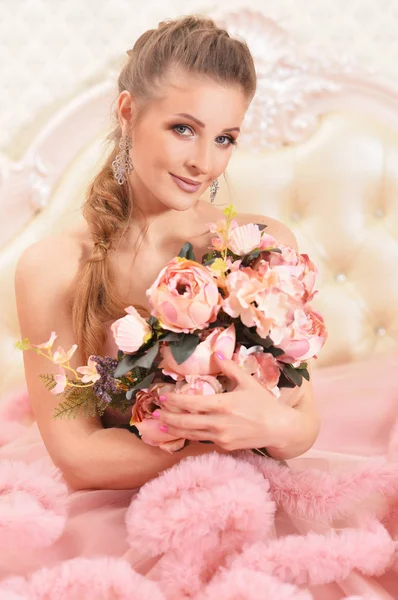 Beautiful Young Woman Pink Dress Flowers Posing Bedroom — Stock Photo, Image