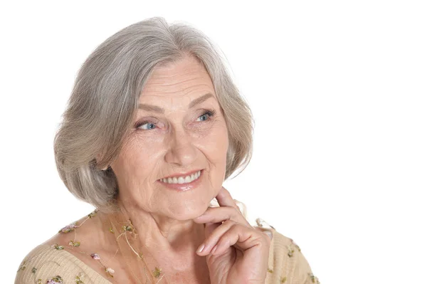 Эмоциональная Пожилая Женщина Позирует Изолированно Белом Фоне — стоковое фото