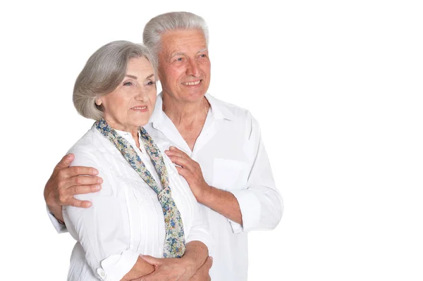 Lyckliga Senior Paret Vit Bakgrund — Stockfoto