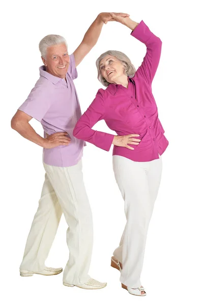 Portrait Heureux Couple Personnes Âgées Dansant Isolé Sur Fond Blanc — Photo