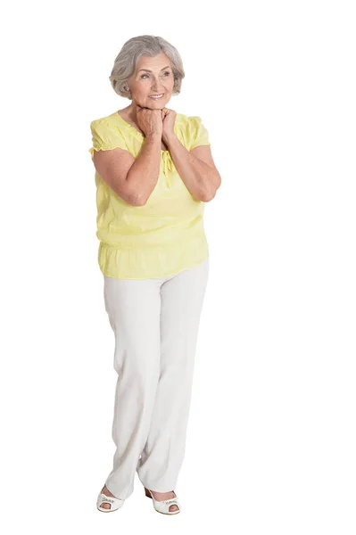 Emotivo Anziano Donna Posa Isolato Sfondo Bianco — Foto Stock