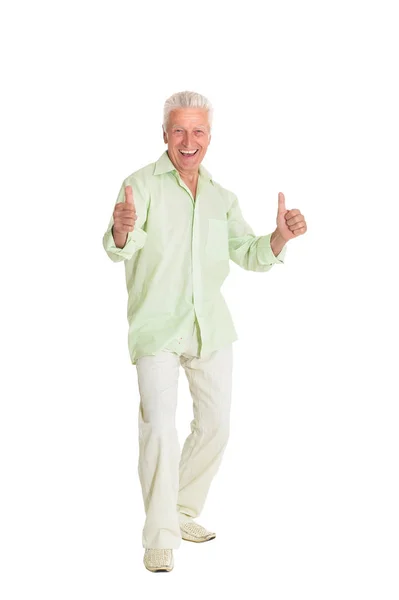 Счастливый Пожилой Человек Показывающий Большие Пальцы Белом Фоне — стоковое фото
