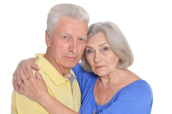 Portret Van Triest Senior Paar Geïsoleerd Witte Achtergrond — Stockfoto